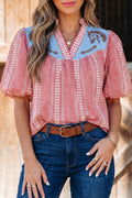 Red Western Pony Embroidered Yoke Puff Sleeve Gingham Blouse