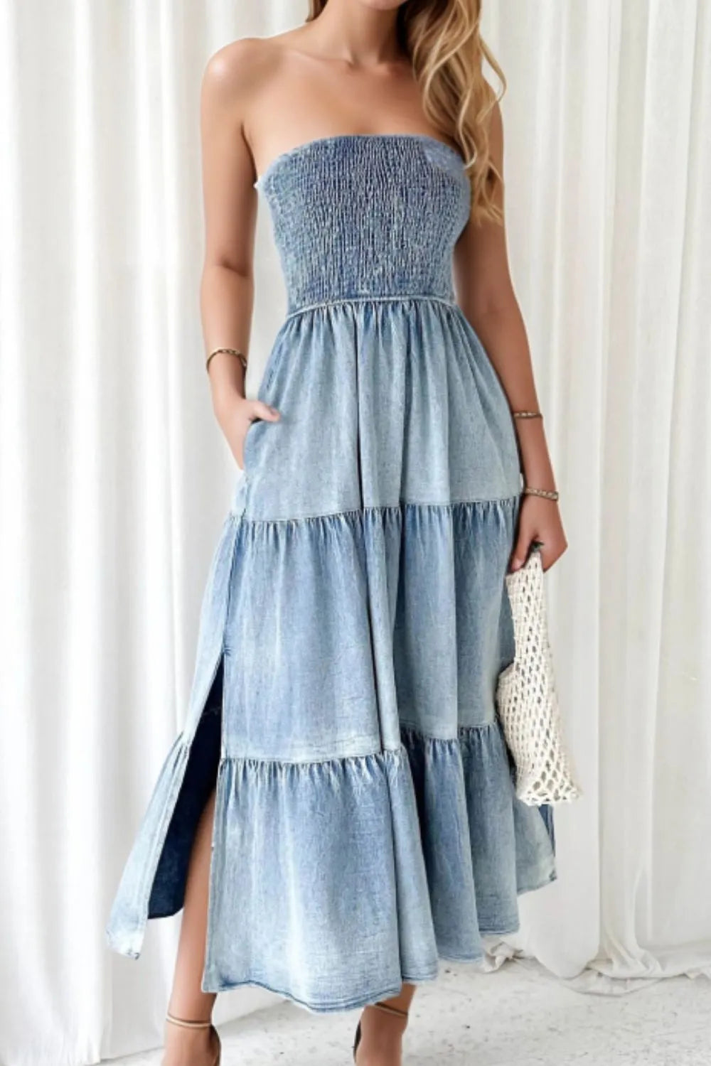Smocked Tube Slit Tiered Denim Dress – Bad Betty Boutique