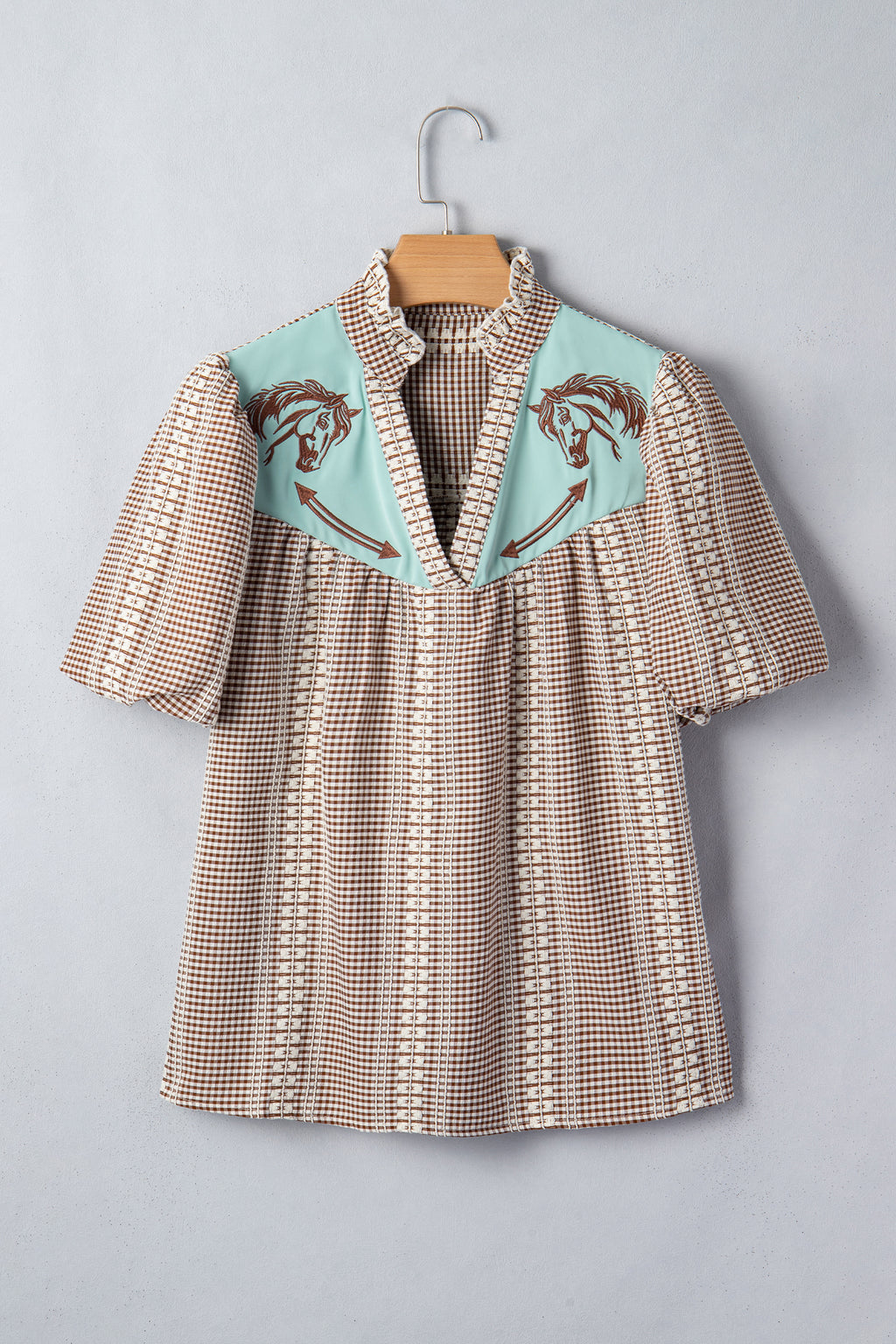 Red Western Pony Embroidered Yoke Puff Sleeve Gingham Blouse
