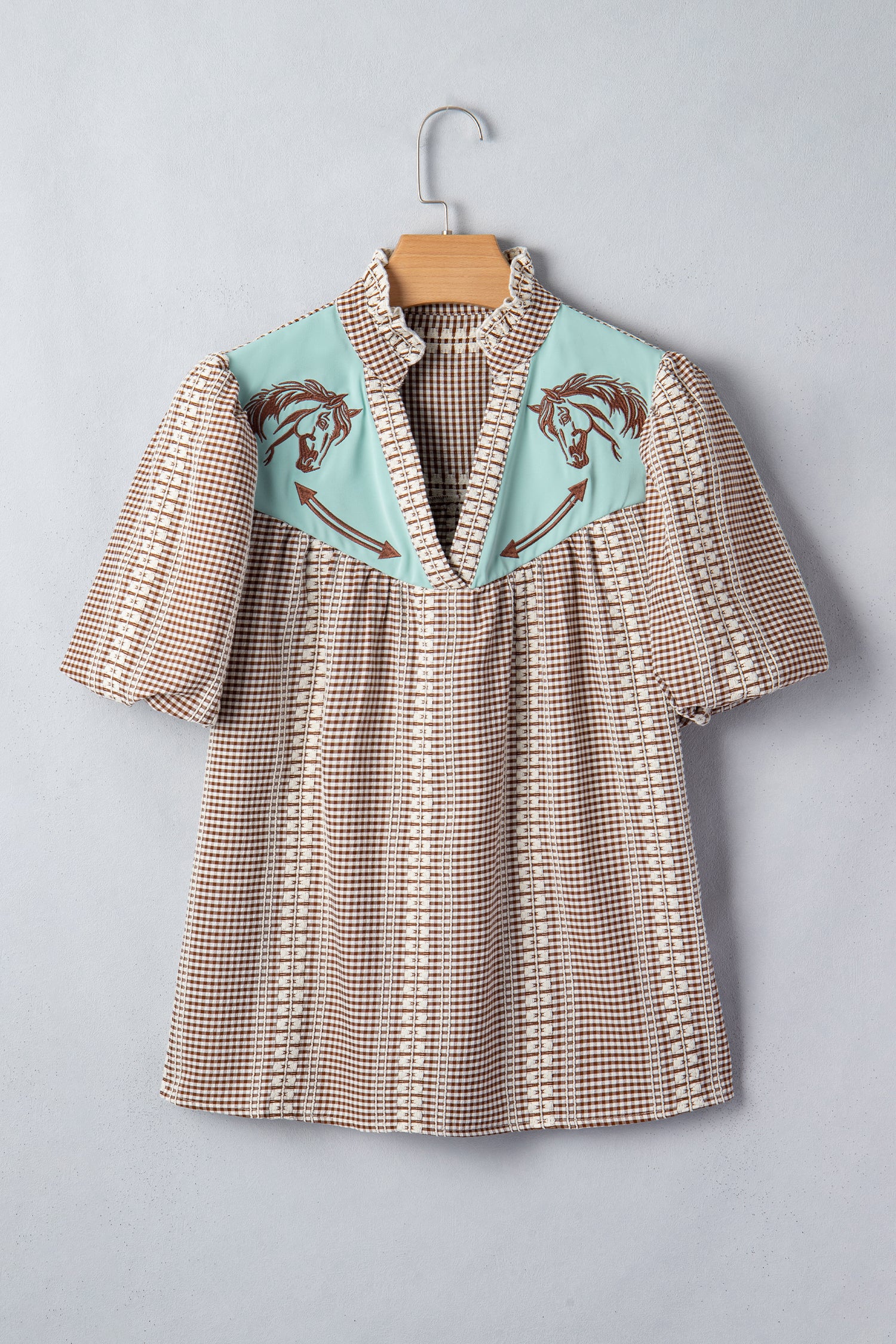 Red Western Pony Embroidered Yoke Puff Sleeve Gingham Blouse