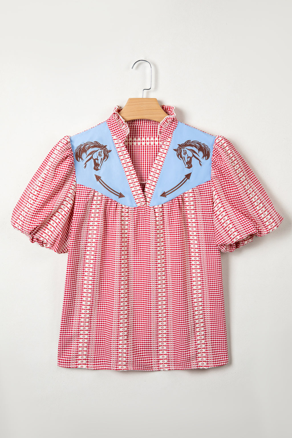 Red Western Pony Embroidered Yoke Puff Sleeve Gingham Blouse