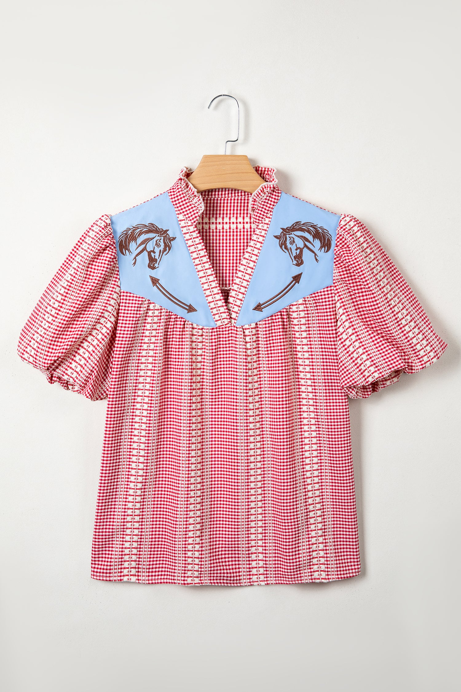 Red Western Pony Embroidered Yoke Puff Sleeve Gingham Blouse