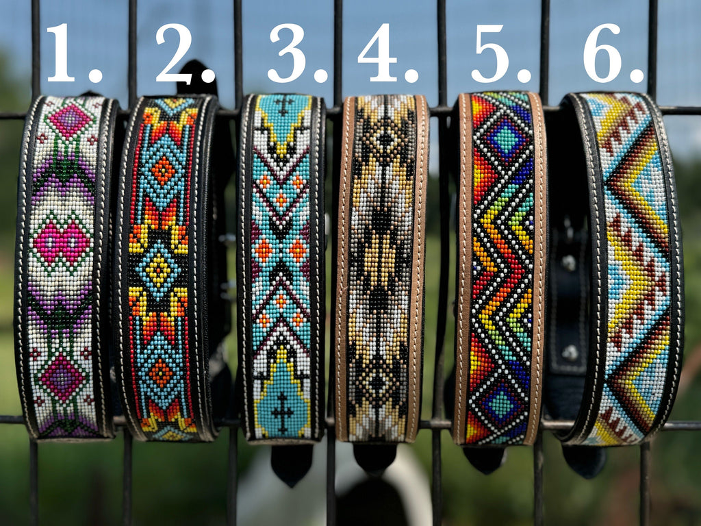 Western leather dog collar tooled and seed bead details by Double B Wild Rags