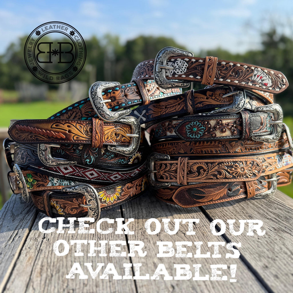 Genuine Leather Western Belt with dark tooled sunflowers and turquoise by Double B Wild Rags
