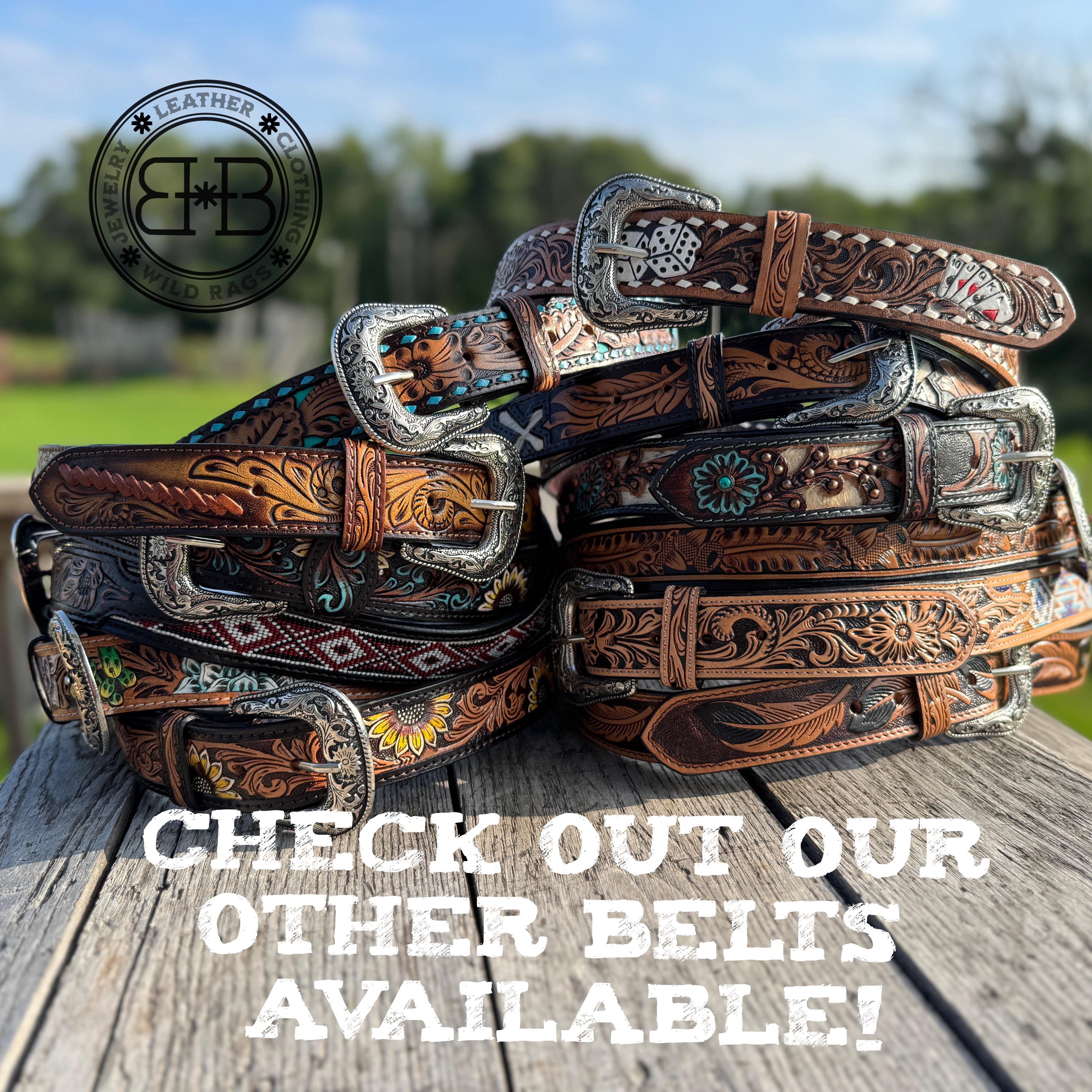 Genuine Leather Western Belt with tooled Black Feather Details by Double B Wild Rags