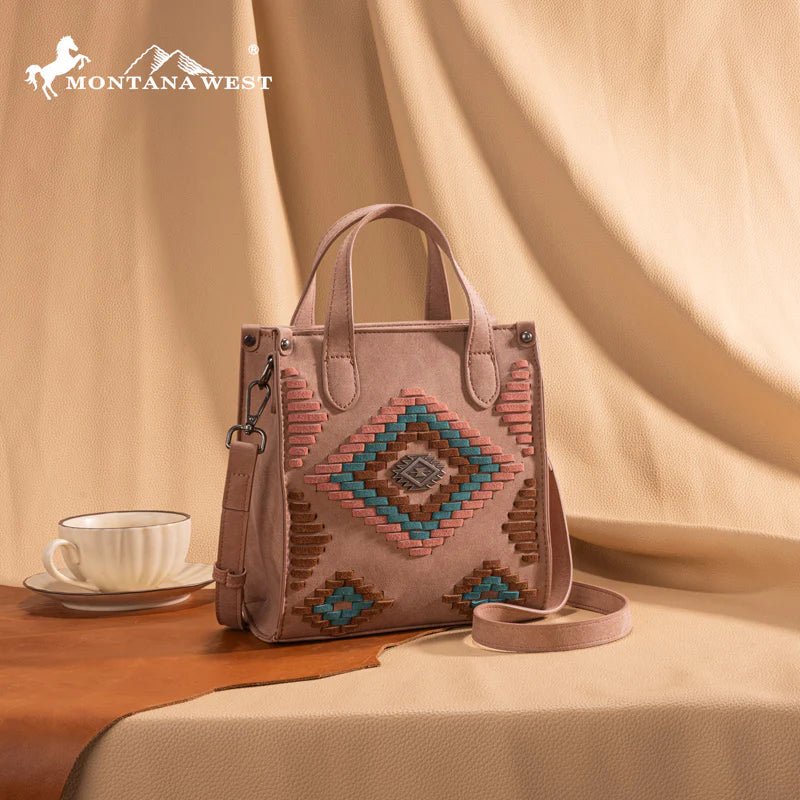 Montana West Aztec Crossbody Purse — Suede-Look PU Leather with Aztec Whipstitch (Small)