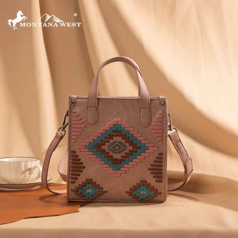 Montana West Aztec Crossbody Purse — Suede-Look PU Leather with Aztec Whipstitch (Small)