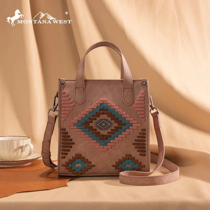 Montana West Aztec Crossbody Purse — Suede-Look PU Leather with Aztec Whipstitch (Small)
