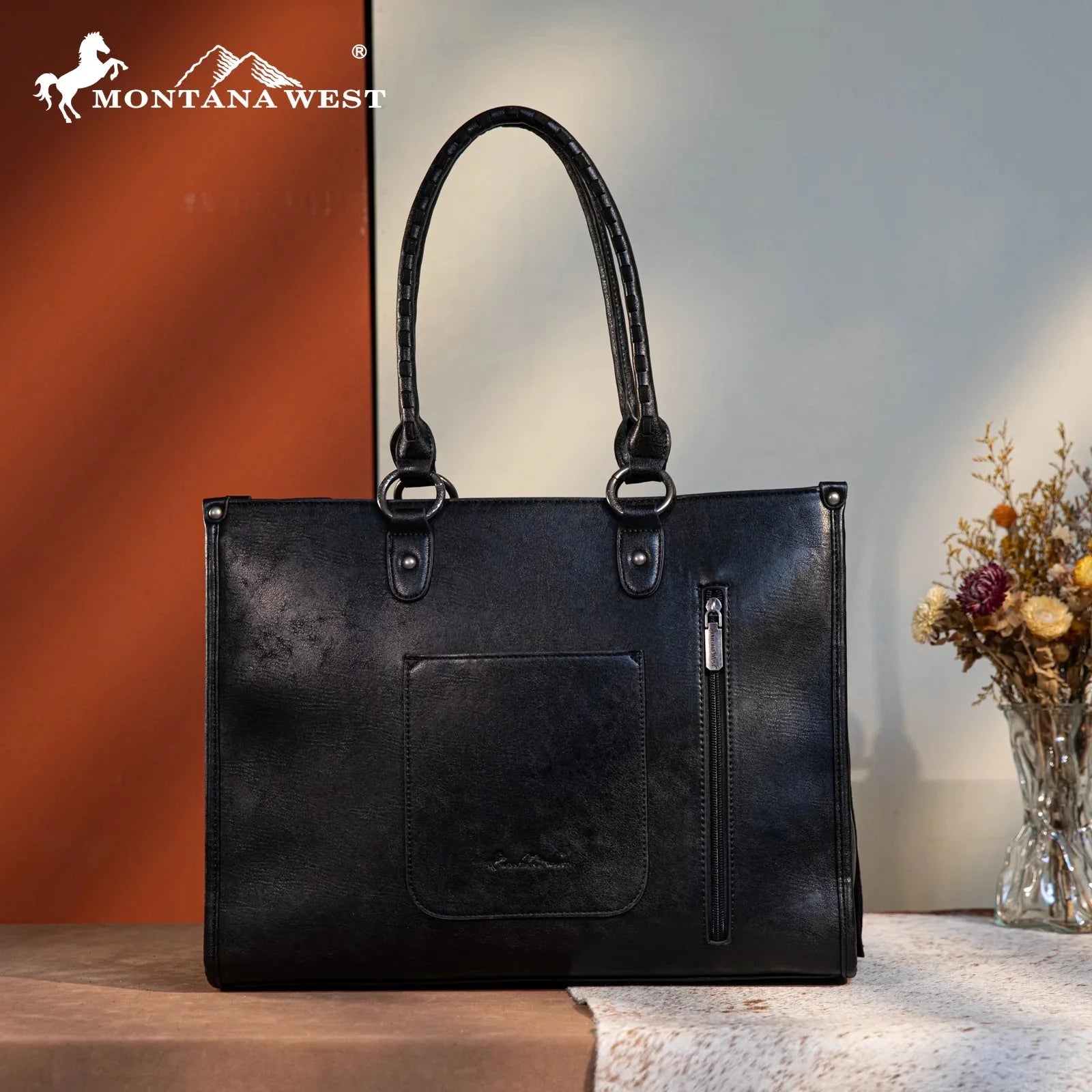Montana West Western Tool Fringe Concealed Carry Wide Tote — Suede-Look PU Leather with Floral Tooling & Fringe