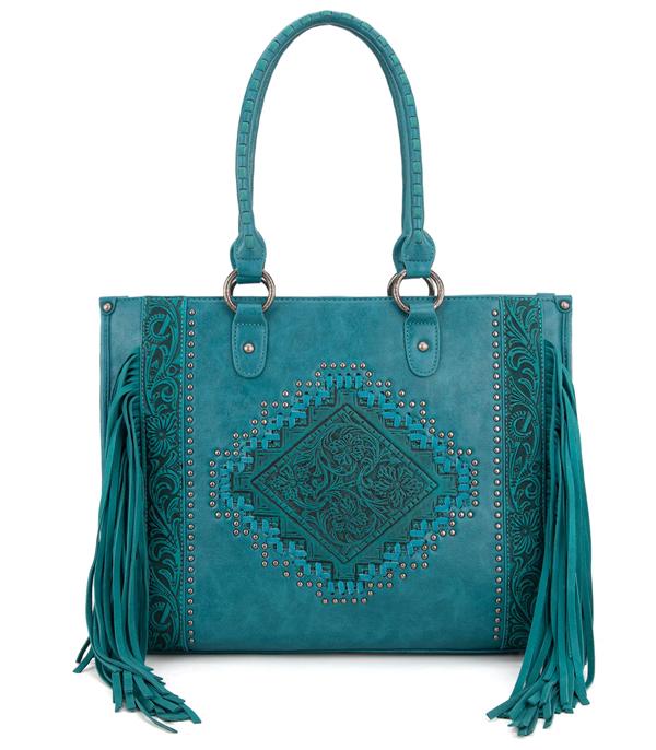 Montana West Western Tool Fringe Concealed Carry Wide Tote — Suede-Look PU Leather with Floral Tooling & Fringe