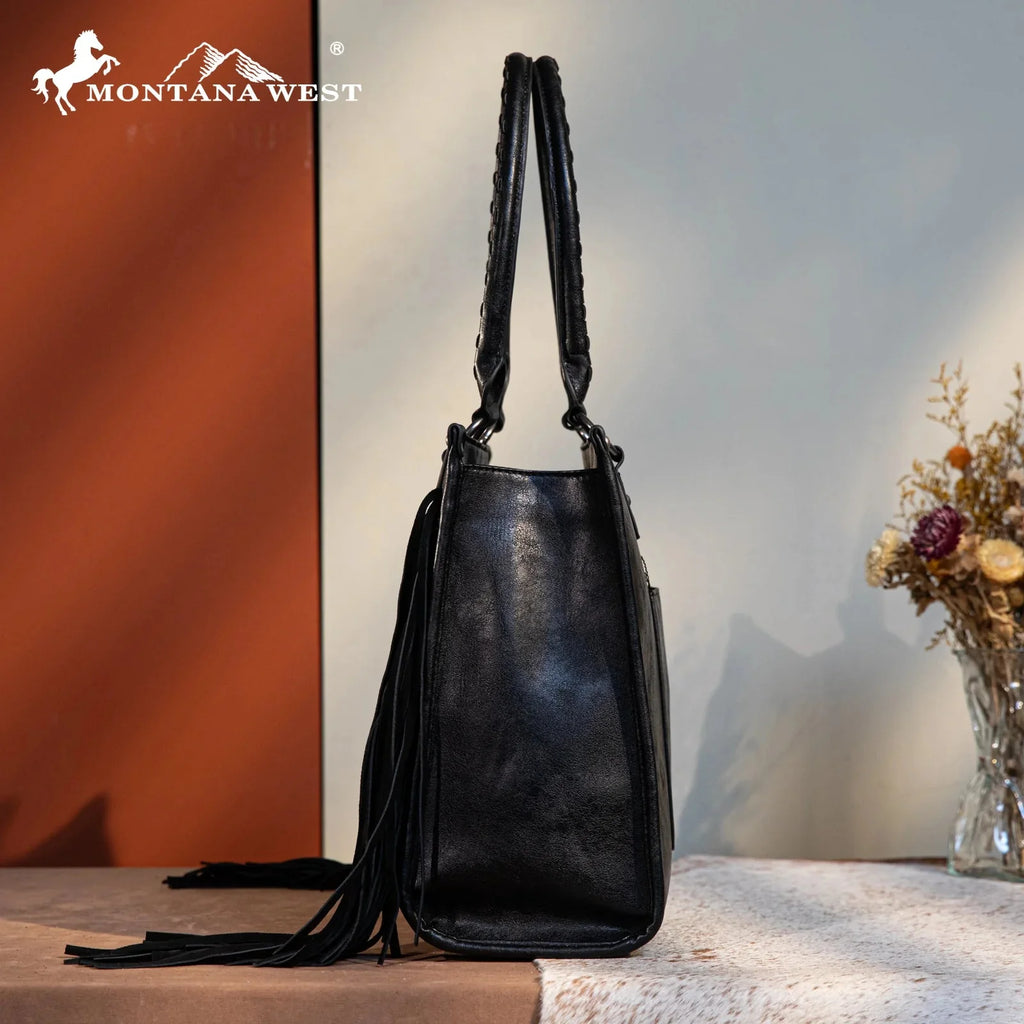 Montana West Western Tool Fringe Concealed Carry Wide Tote — Suede-Look PU Leather with Floral Tooling & Fringe