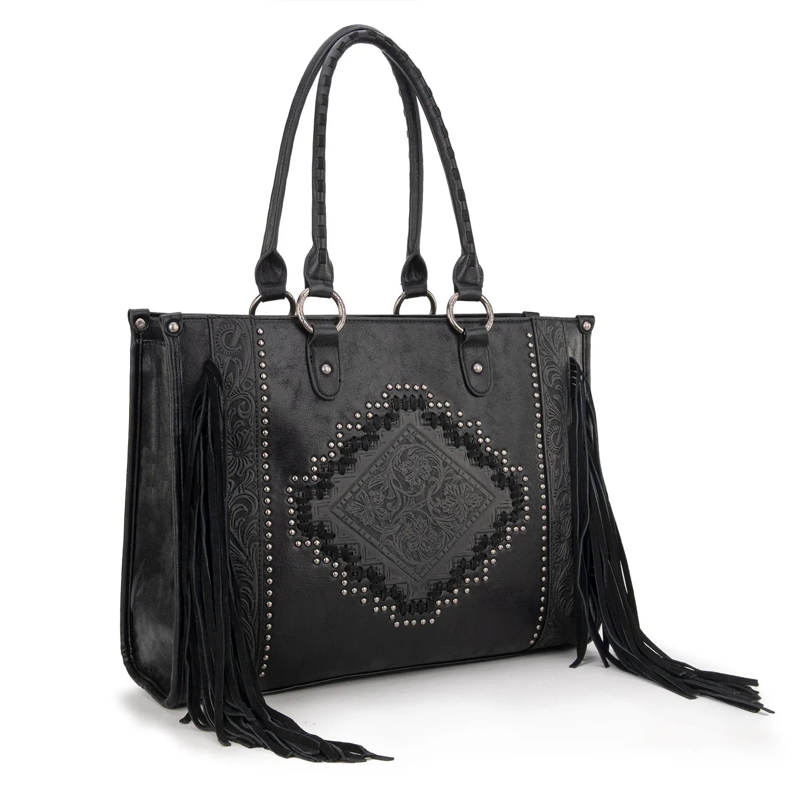 Montana West Western Tool Fringe Concealed Carry Wide Tote — Suede-Look PU Leather with Floral Tooling & Fringe