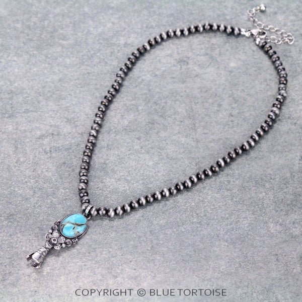 Western Pearl Necklace with Single Squash Blossom Pendant — Burnished Silver 16 Inch