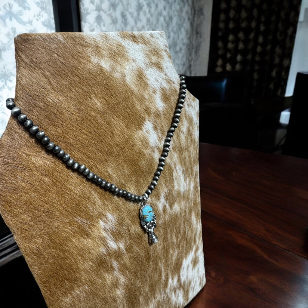 Western Pearl Necklace with Single Squash Blossom Pendant — Burnished Silver 16 Inch