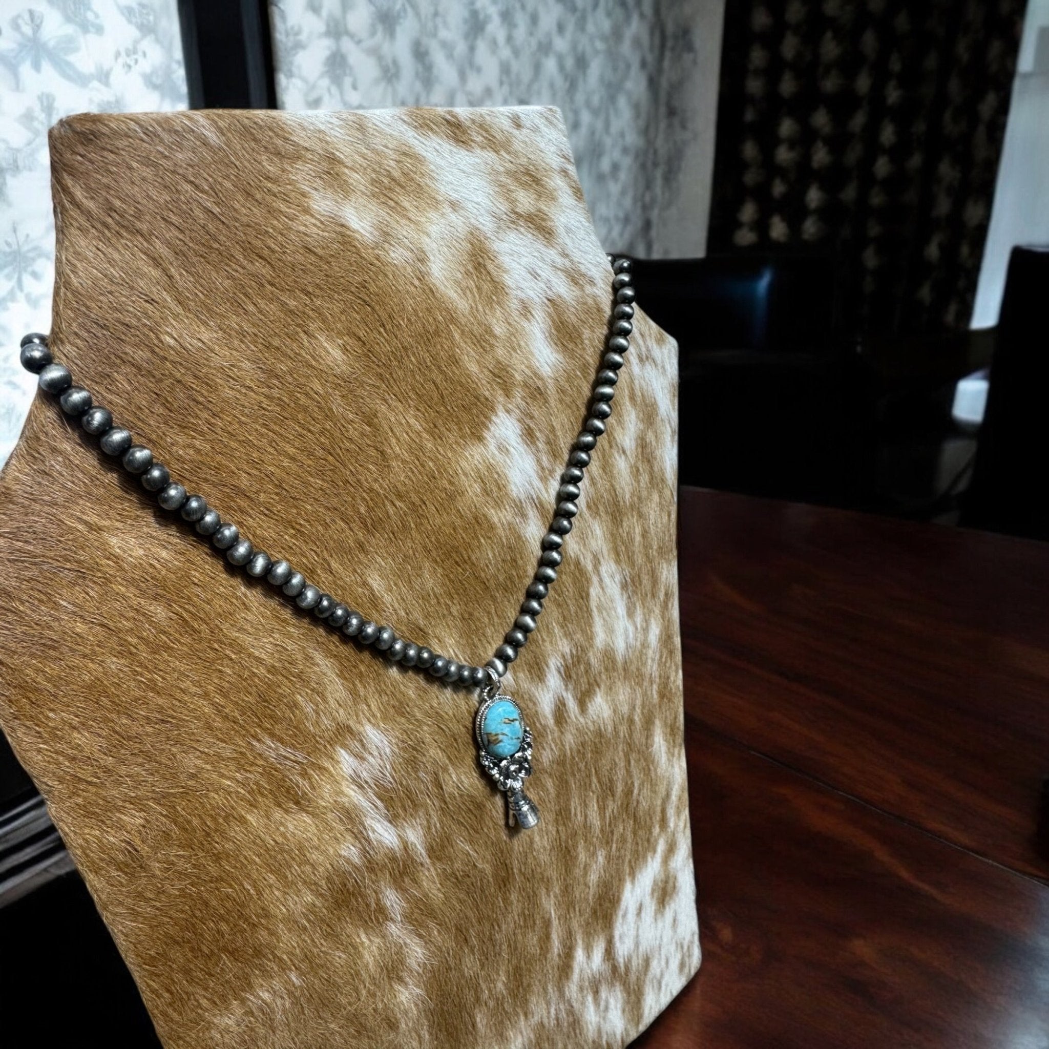 Western Pearl Necklace with Single Squash Blossom Pendant — Burnished Silver 16 Inch