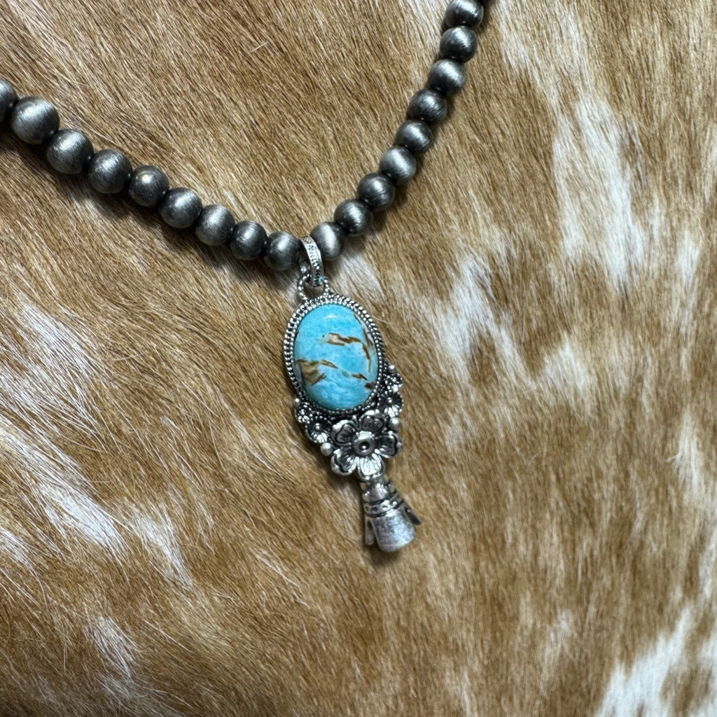 Western Pearl Necklace with Single Squash Blossom Pendant — Burnished Silver 16 Inch