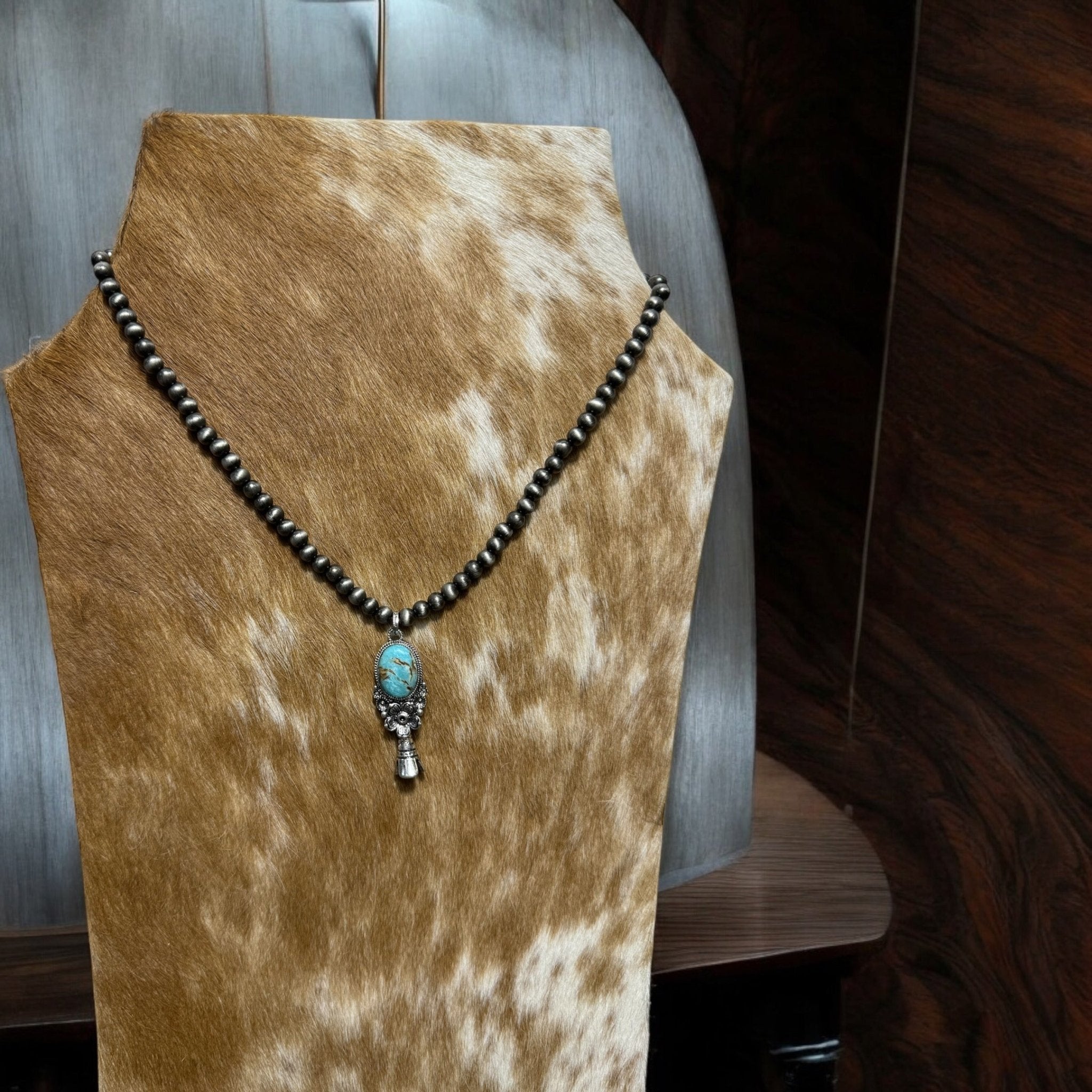 Western Pearl Necklace with Single Squash Blossom Pendant — Burnished Silver 16 Inch